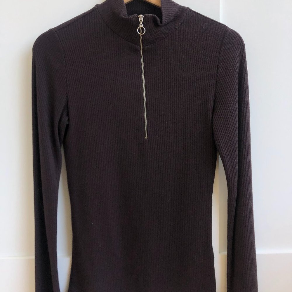 Villa Brown Ribbed Long Sleeve Shirt Retro Zipper XS